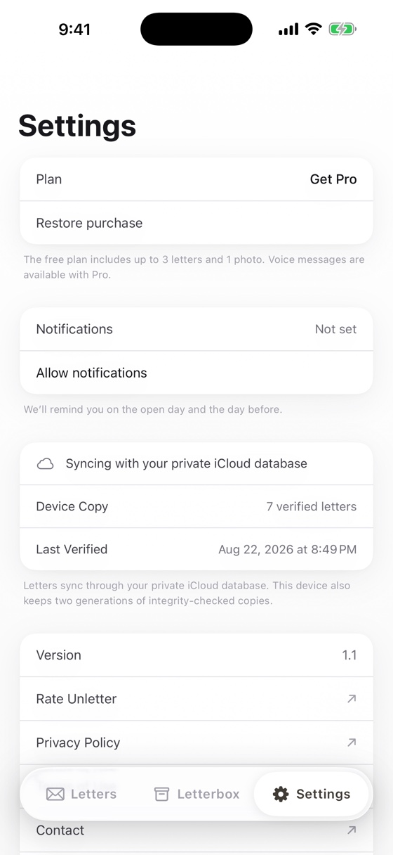 Settings showing private iCloud sync and verified device copies